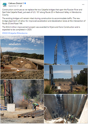 Screenshot of Facebook post about the Calpella Two Bridge Replacement Project. 