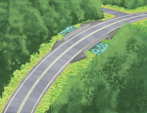 An artistic rendering of an upcoming shoulder widening and bridge removal project on State Route 36 near Carlotta in Humboldt County. The aerial view shows a two-lane road with visible shoulder and a small railing wall along a bridge that crosses a creek. Trees line the roadway and creekbed.
