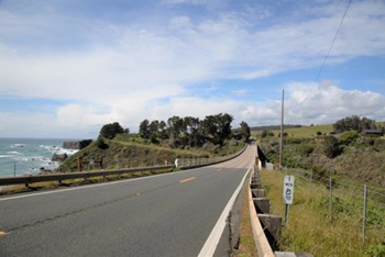 View of existing bridge deck looking north. Most mile 43 on state route 1 in Mendocino County.