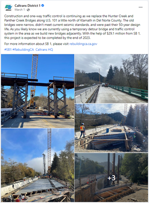 Screenshot of a Facebook post from March 1 2022 that reads "Construction and one-way traffic control is continuing as we replace the Hunter Creek and Panther Creek Bridges along U.S. 101 a little north of Klamath in Del Norte County. The old bridges were narrow, didn't meet current seismic standards, and were past their 50-year design life. As you likely know we are currently using a temporary detour bridge and traffic control system in the area as we build new bridges adjacently. With the help of $29.1 million from SB 1, this project is expected to be completed by the end of 2023.  For more information about SB 1, please visit rebuildingca.ca.gov"