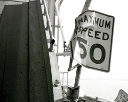 Photo of a damaged speed limit sign on the San Francisco-Oakland Bay Bridge