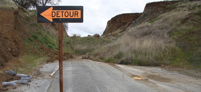 State Route 52 has long has a short detour south of Hollister due to an erosion incident in the 2010s