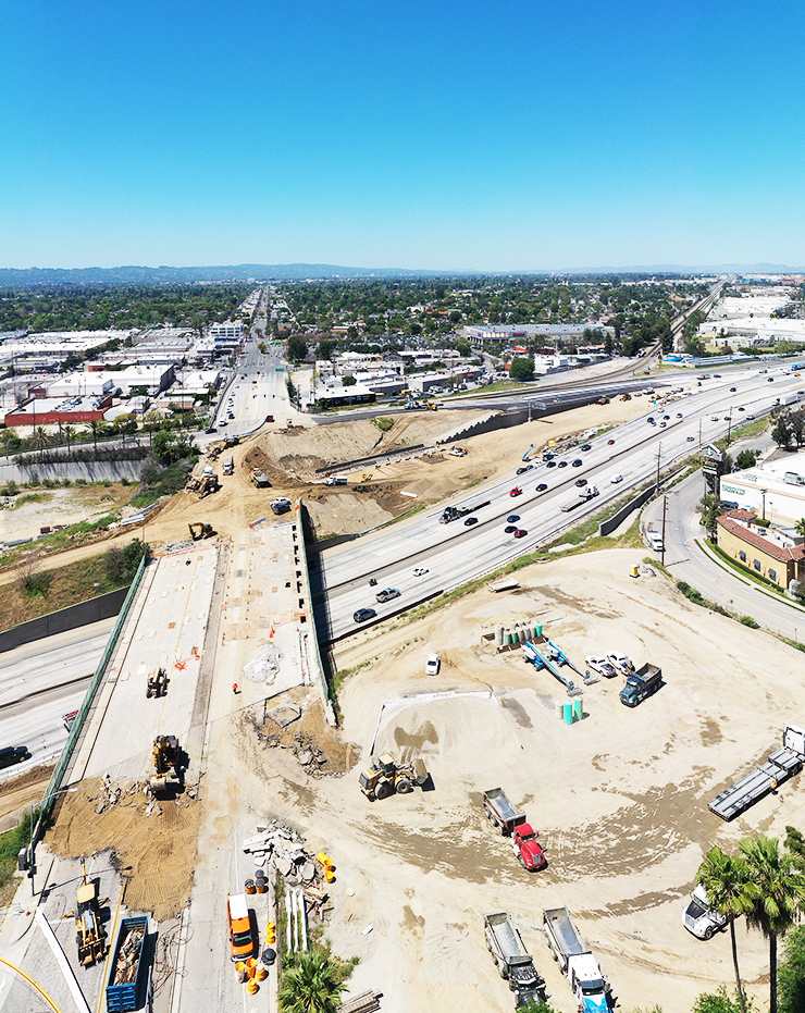 Aerial photo of where the Burbank Bridge was demolished on Interstate 5.